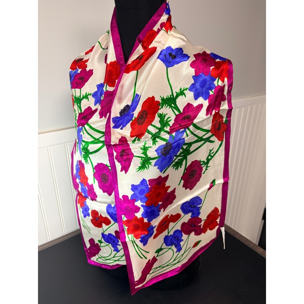 Liz Claiborne Vintage 100% Silk Floral Poppy Scarf Magenta Pink Cream 52x10 1991